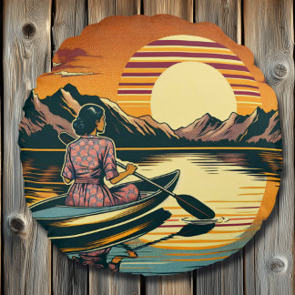 Coussins Ronds Scène Camping vintage Femme Kayak