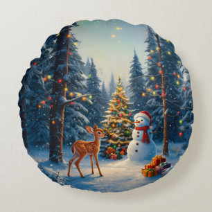 Coussins Ronds Scene d'arbre de Noël Cute Deer Fawn Snowman