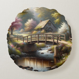 Coussins Ronds Scène de cottage printanier Cottagecore