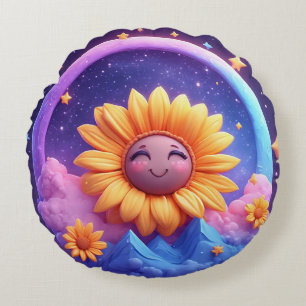 Coussins Ronds Scène fantaisiste entourée de tournesols