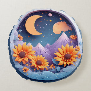 Coussins Ronds Scène lunaire fantaisiste entourée de tournesols