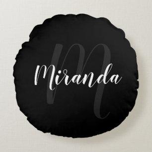 Coussins Ronds Script moderne Monogramme personnalisé et nom noir