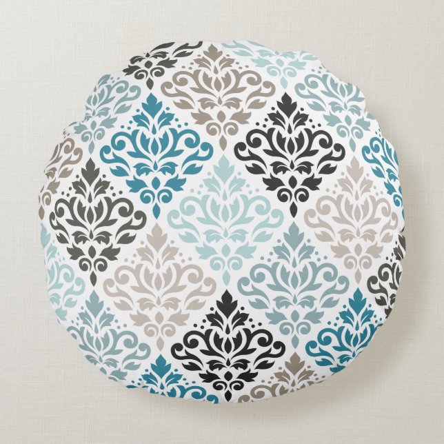 Coussins Ronds Scroll Damask Big Motif Teals Browns White (Devant)