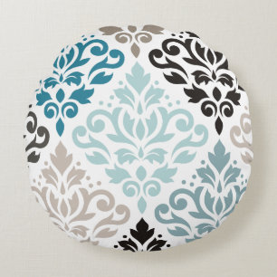 Coussins Ronds Scroll Damask XLg Motif Art Teals Browns White