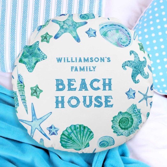 Coussins Ronds Sea Shells et Starfish Family Beach House (Sea Shells and Starfish Family Beach House Round Pillow)