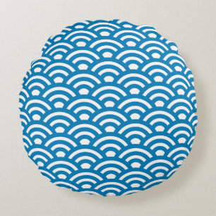 Coussins Ronds Seigaiha, Vagues, Japonais, Bleu et Blanc
