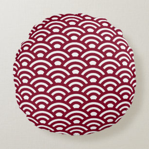 Coussins Ronds Seigaiha, Vagues, Japonais, Bourgogne et Blanc
