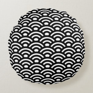 Coussins Ronds Seigaiha, Vagues, Japonais, Noir et Blanc
