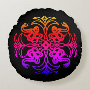 Coussins Ronds Serpent tribal noir et arc-en-ciel Mandala