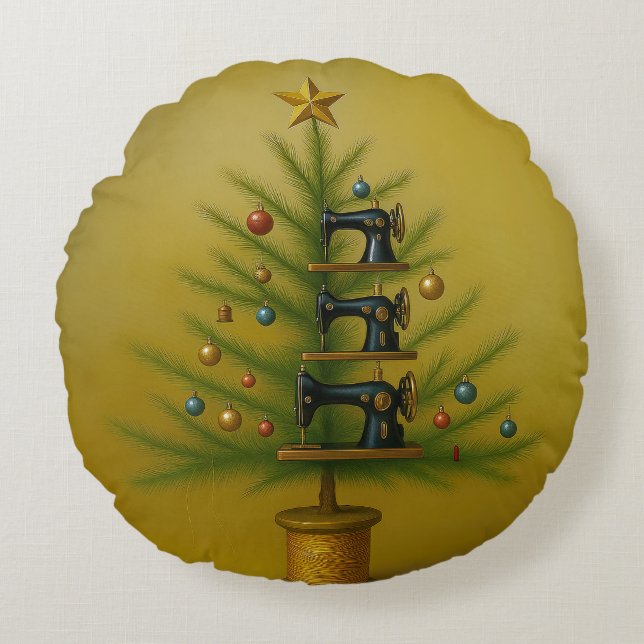 Coussins Ronds Sewing machine Christmas tree Happy Crafty Xmas (Devant)