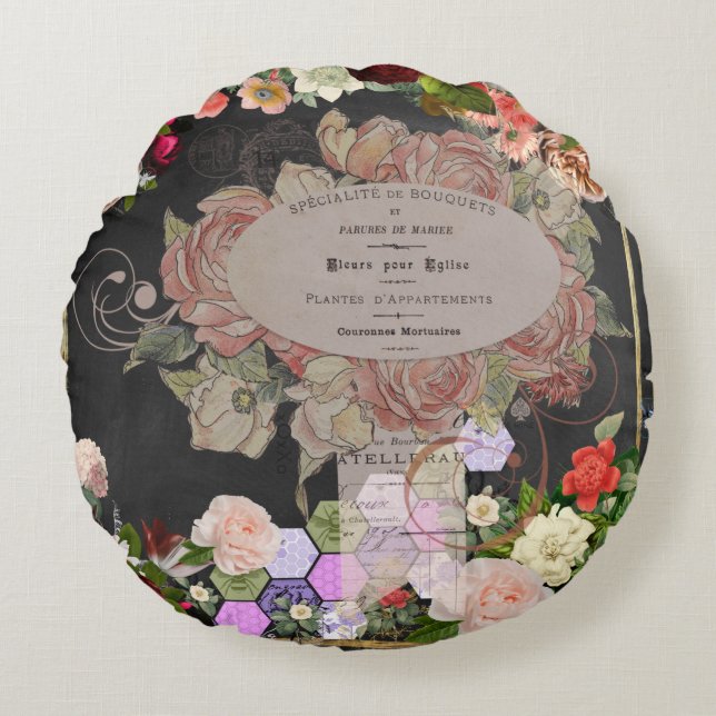 Coussins Ronds Shabby chic collage, French chic,country rustic,fl (Devant)