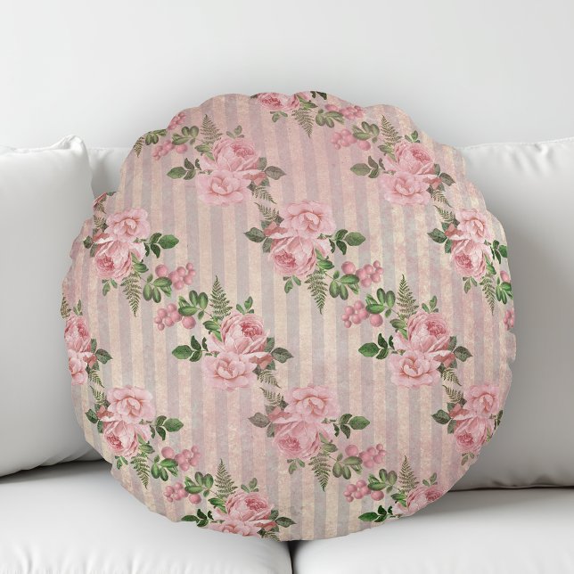Coussins Ronds Shabby Chic Floral Grunge Stripes Rose (Créateur téléchargé)