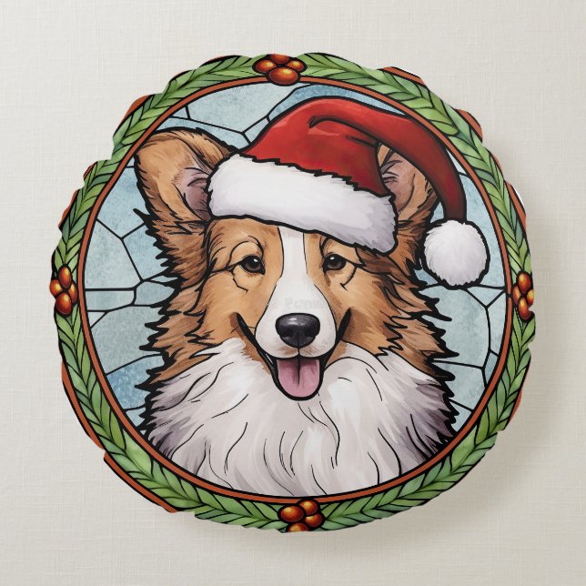 Coussins Ronds Shetland Sheepdog Vitrail Noël (Devant)