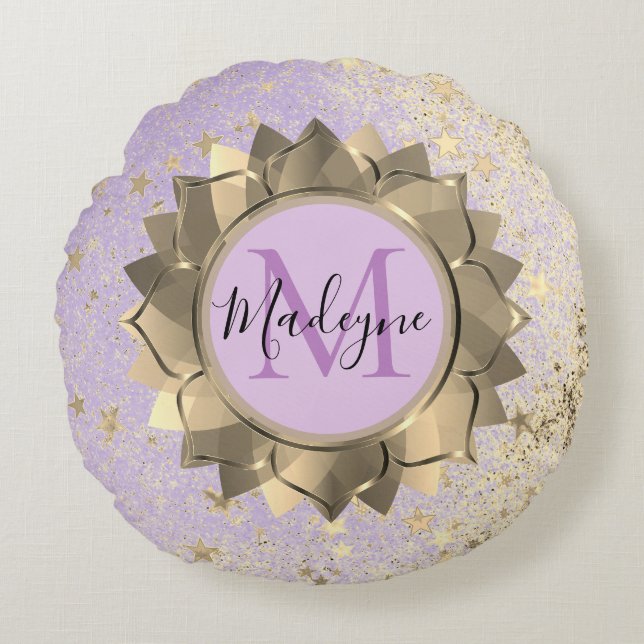 Coussins Ronds Shimmery Stars Gold Lotus Mandala Monogramme (Devant)