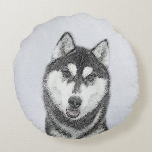 Coussins Ronds Sibérie Husky (noir et blanc) Peinture Chien Art