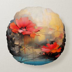Coussins Ronds Silence cramoisi – Coquelicots abstraits dans la l