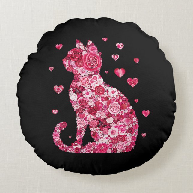 Coussins Ronds Silhouette Chat Floral ArtFaux Toile Enveloppée Im (Devant)