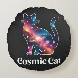Coussins Ronds Silhouette de chat cosmique Galaxie Espace Étoiles