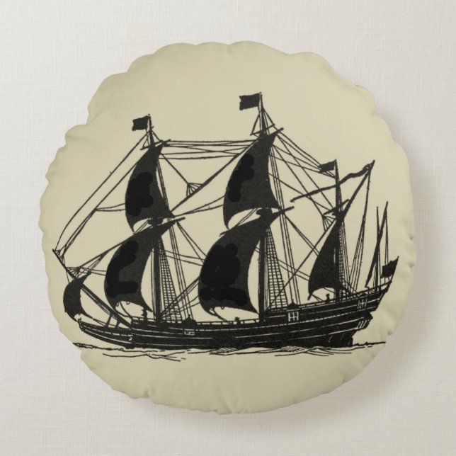 Coussins Ronds Silhouette du navire avec voiles de billage (Devant)
