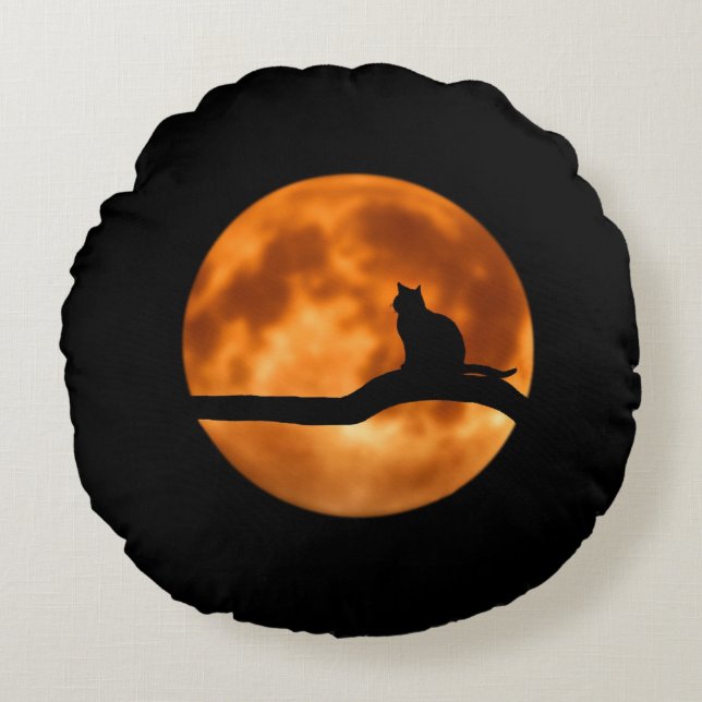 Coussins Ronds Silhouette d'un chat noir dans un arbre (Devant)