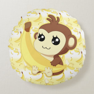 Coussins Ronds Singe mignon de Kawaii tenant la banane