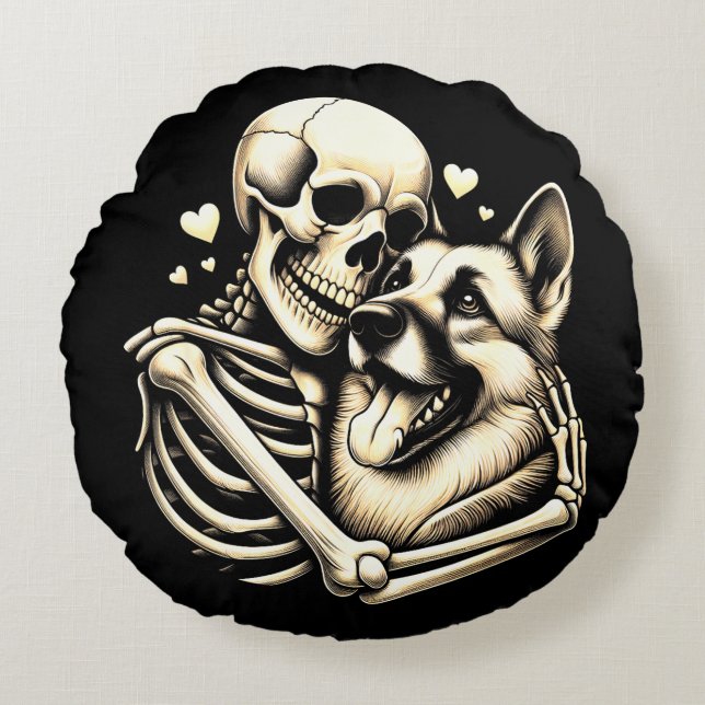 Coussins Ronds Skeleton serrant chien Halloween berger allemand (Devant)