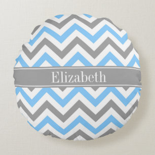 Coussins Ronds Sky Blue Dk Gray Wht LG Chevron Gray Name Monogram