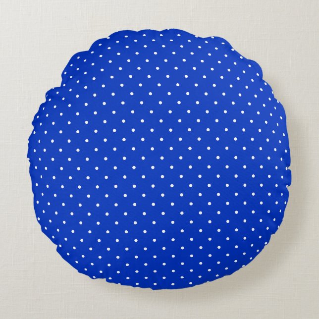 Coussins Ronds Small White Polkadots on Cobalt Blue Round Pillow (Devant)