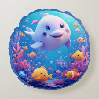 Coussins Ronds 🌊 Smiling Dolphin in Bright Blue Waves 🐬✨