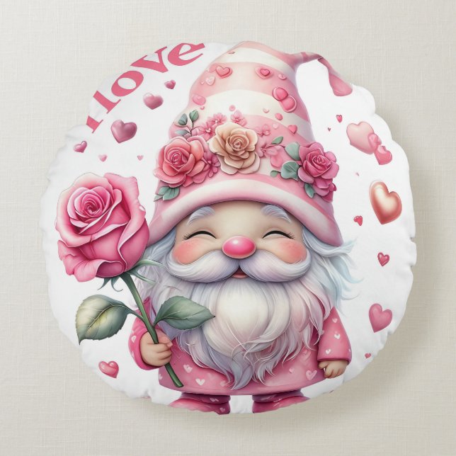 Coussins Ronds Smiling Gnome Holding a Pink Rose  (Devant)