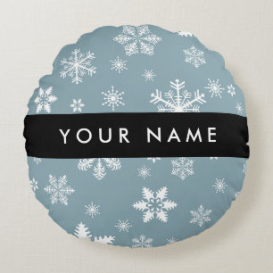 Coussins Ronds Snowflakes blanc, Grey, Votre nom, Personnaliser