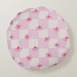 Coussins Ronds Soft Pink Daisy Checkerboard Floral Pattern