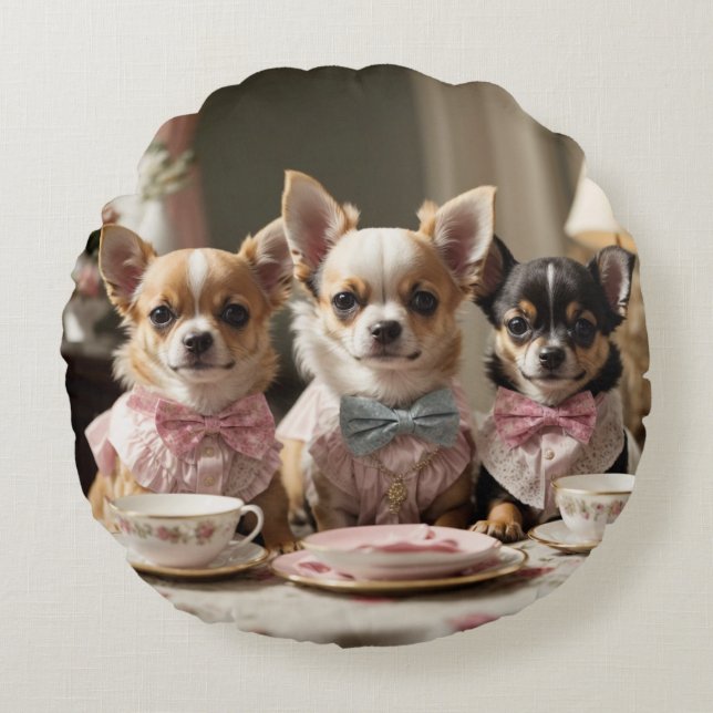 Coussins Ronds Soirée Tea Party de Cute Girly Chihuahua (Devant)