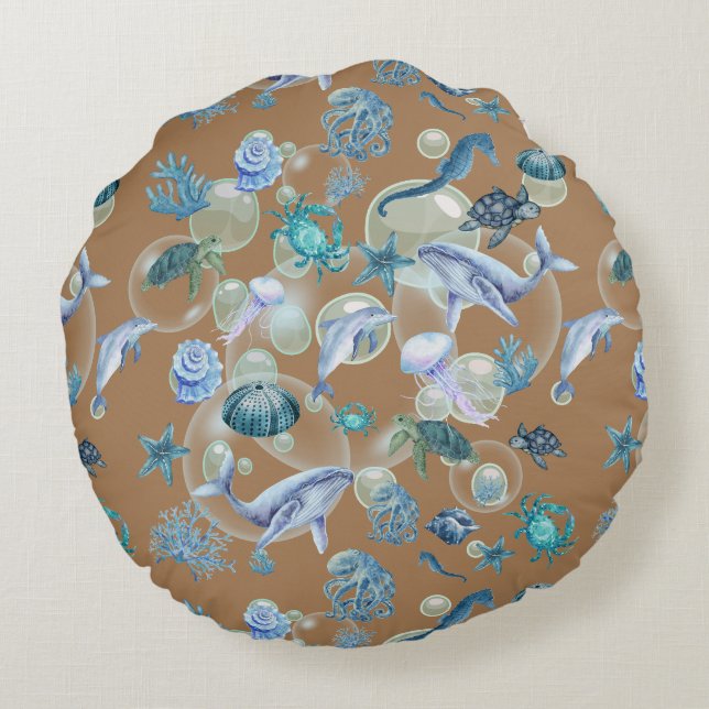 Coussins Ronds Sous l'Aquarelle bleu mer sur marron | (Dos)