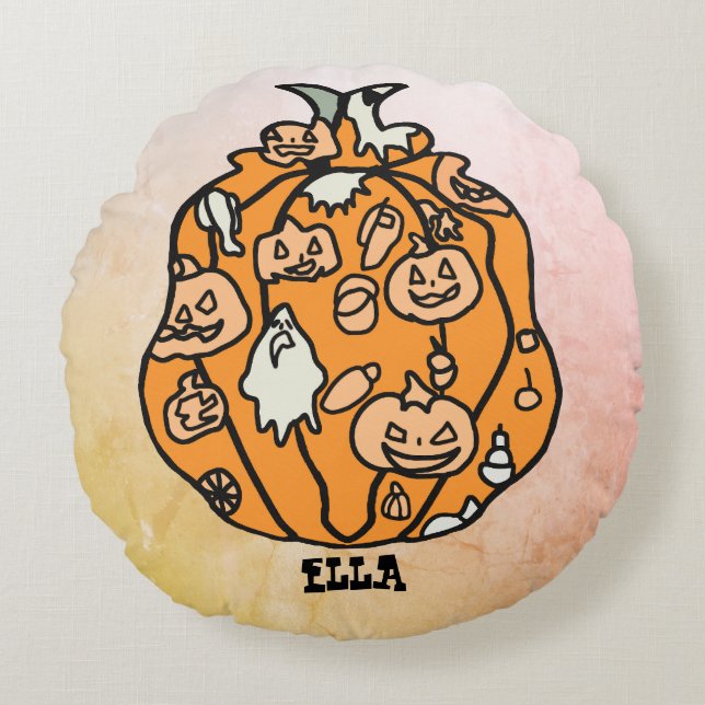 Coussins Ronds Spooks Citrouilles rétro et traitements d'Hallowee (Devant)