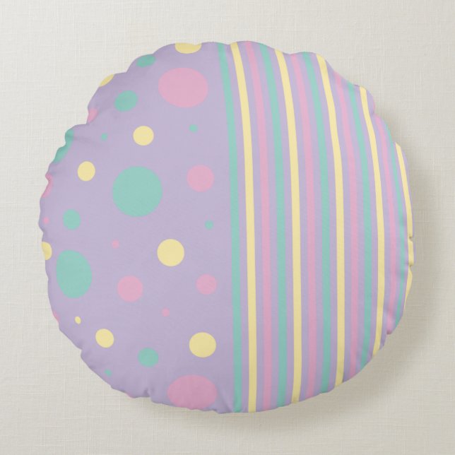 Coussins Ronds Spots et bandes - rose, jaune, pourpre, vert (Devant)