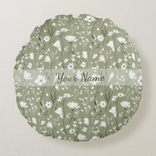 Coussins Ronds Spring Bobo Wildflowers Sage Green Personalized (Devant)