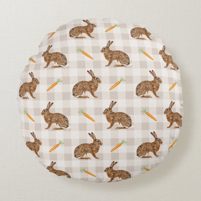 Coussins Ronds Spring Hare And Carrot Rustic Beige Gingham Easter (Devant)