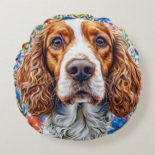 Coussins Ronds Springer Spaniel avec fond floral coloré