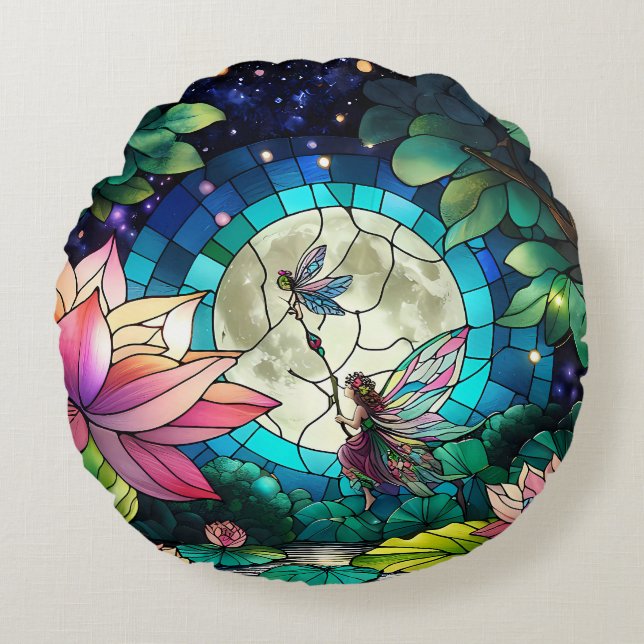 Coussins Ronds Stained Glass Little Fairy With Dragonfly (Devant)