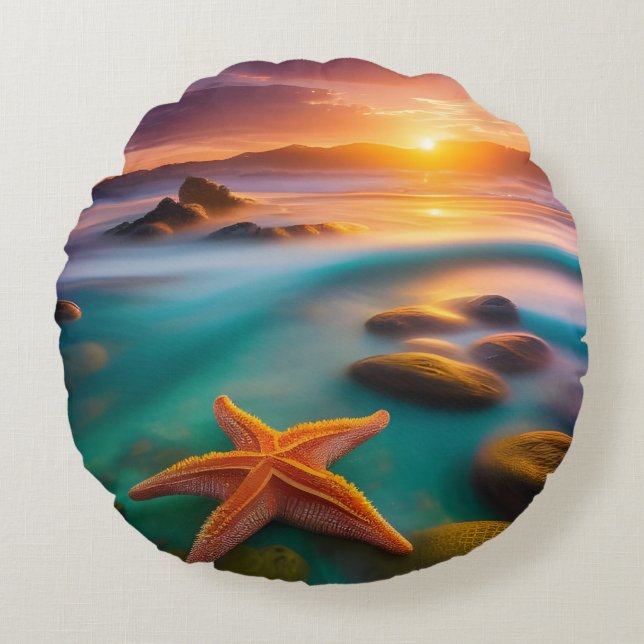 Coussins Ronds Starfish sur la plage à Dawn (Devant)