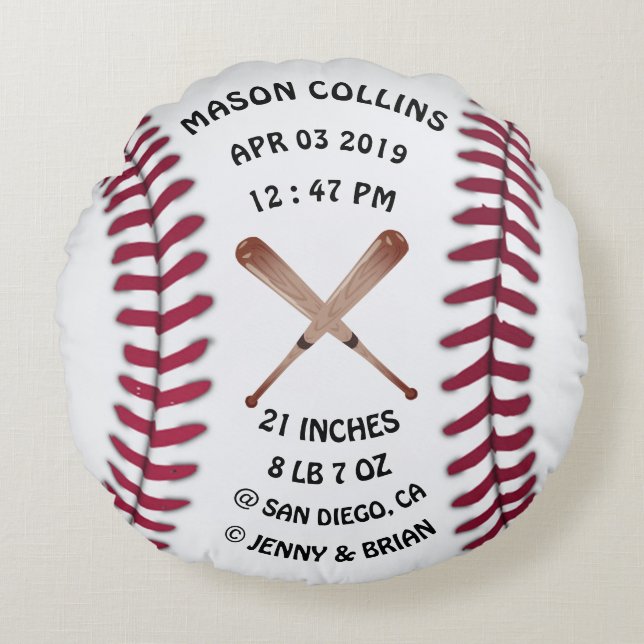 Coussins Ronds Statistiques de naissance de base-ball personnalis (Devant)