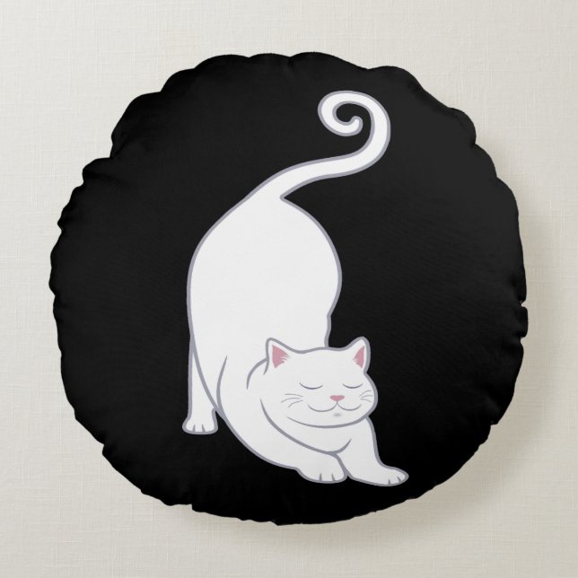 Coussins Ronds Sun Salutation vers le bas Chat blanc Yoga sur le  (Devant)