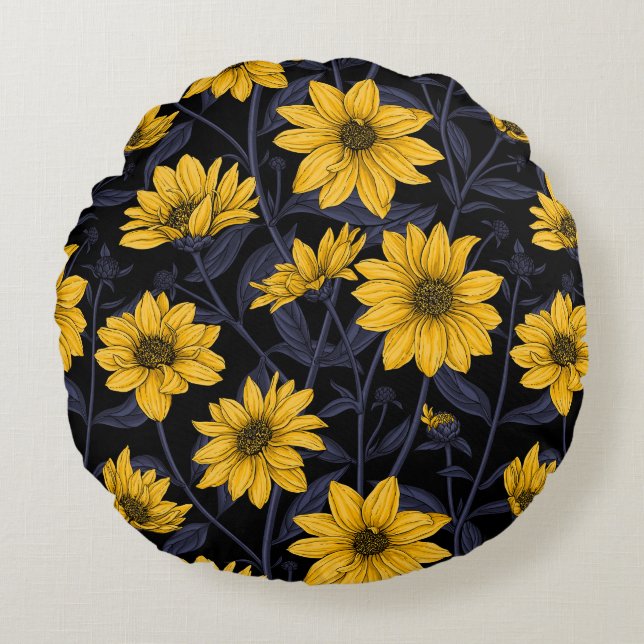 Coussins Ronds Sunroot, tournesol sauvage en jaune et bleu (Devant)