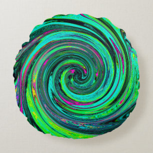 Coussins Ronds Super Abstrait Retro Green et Magenta Swirl
