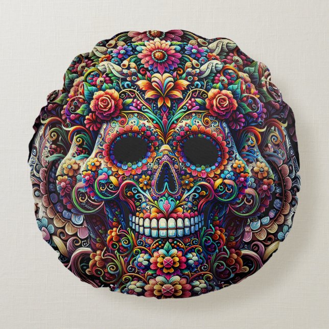 Coussins Ronds Super Sugar Skull floral vibrant (Devant)