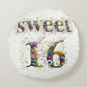 Coussins Ronds Sweet 16 Joyeux Anniversaire Fleur sauvage Texte
