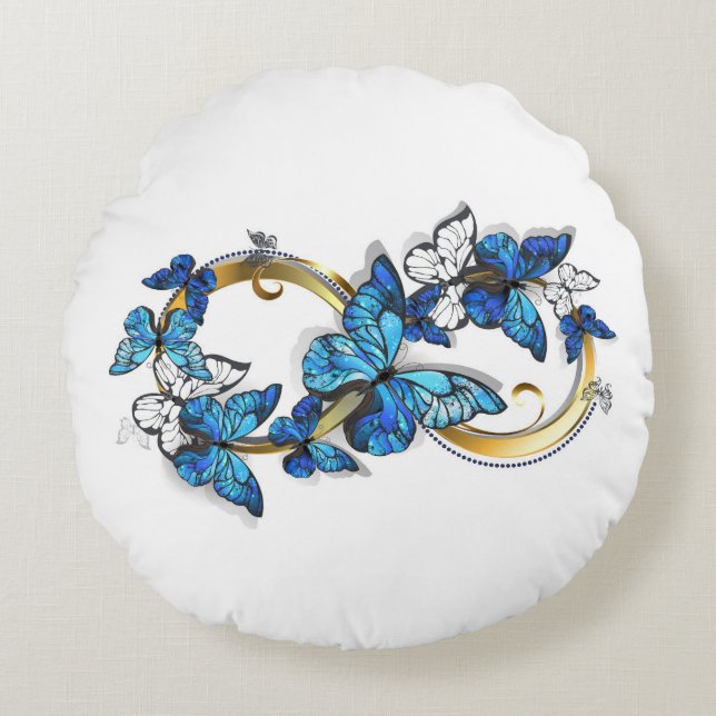 Coussins Ronds Symbol Infinity of Blue Morpho Butterflies (Devant)