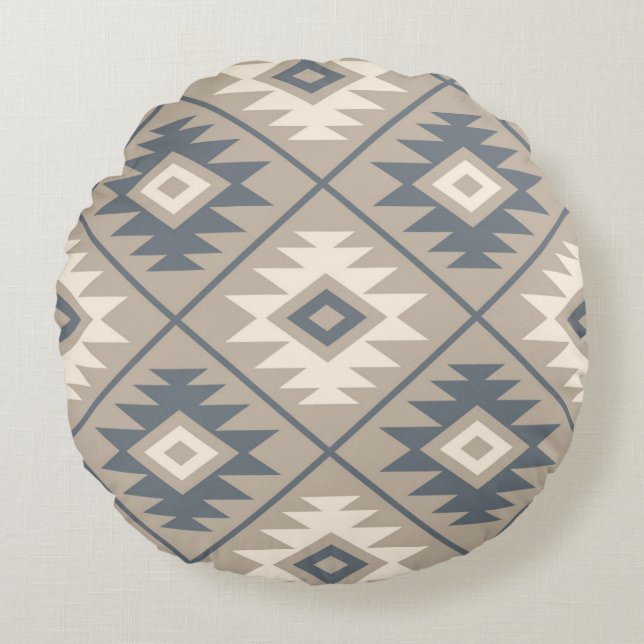 Coussins Ronds Symbole aztèque Lg Stylisé Ptn Bleu Crème Sable (Devant)