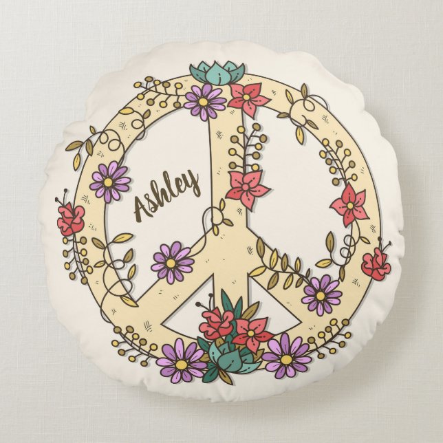 Coussins Ronds SYMBOLE DE PAIX Floral Personnalisé (Devant)